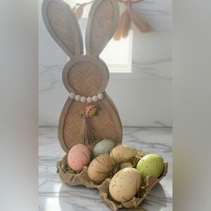 Woven Bunny Decor with Faux Pastel Speckled Eggs